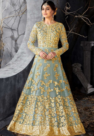 Grey color net wedding anarkali 7016