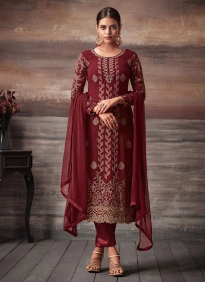 Maroon color georgette straight cut salwar kameez 48001