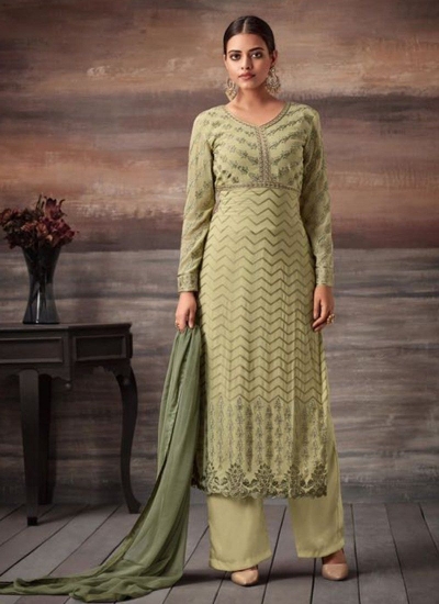 Green color georgette straight cut salwar kameez 48003