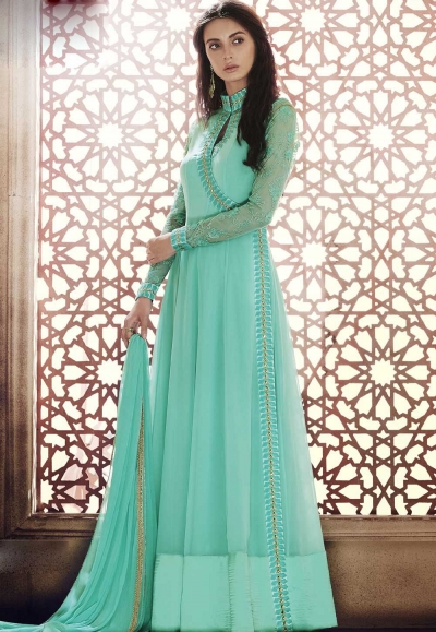 Sea green georgette straight cut salwar 1041A