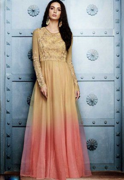 Beige pink shaded georgette straight cut salwar 1043A