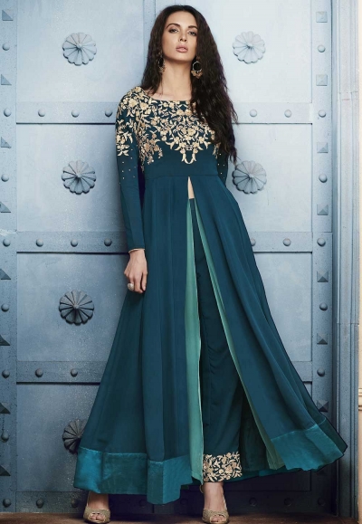 Teal green georgette straight cut salwar 1044B