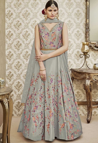 Grey color tapetta silk wedding wear anarkali 4403