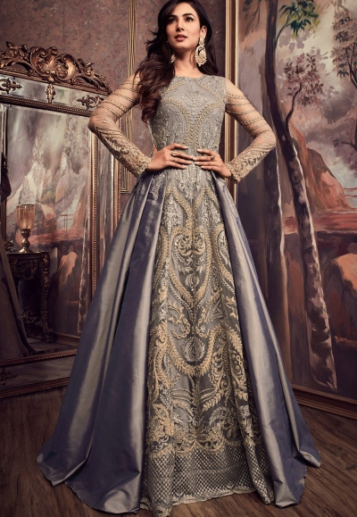 Sonal Chauhan Grey Pure silk wedding anarkali