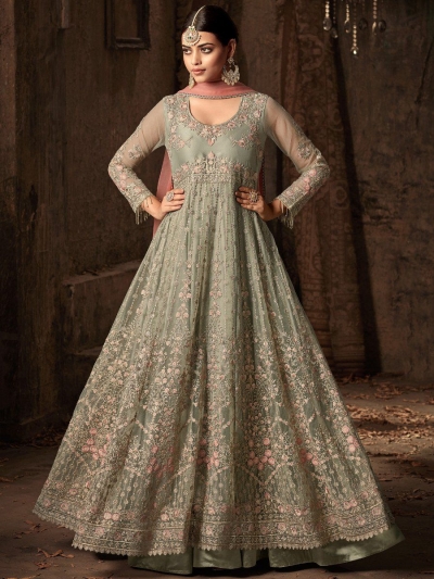Pastel green and peach net color wedding anarkali