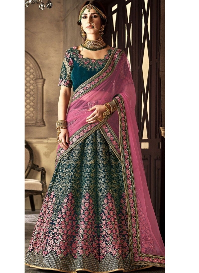 Rama Green and Pink velvet and net wedding lehenga