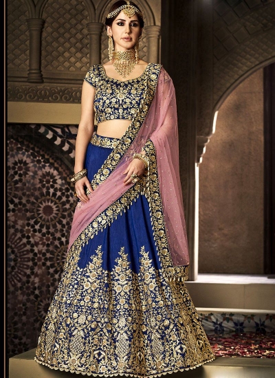 Navy blue and pink handloom silk wedding lehenga