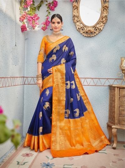 Blue and yellow banarasi silk wedding saree