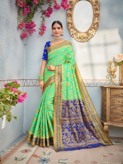 Green and blue color banarasi silk wedding saree
