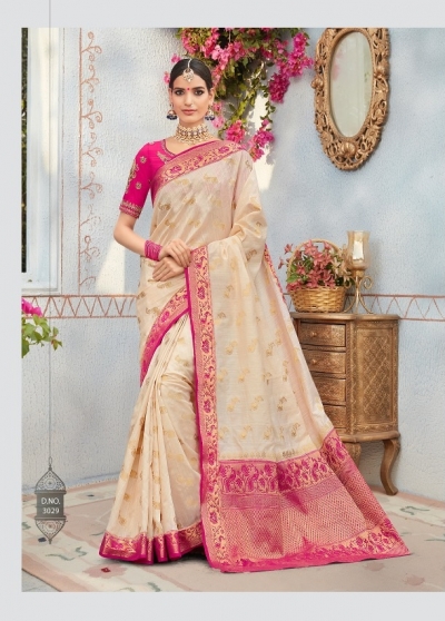 White and Pink color banarasi silk wedding saree