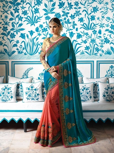 Teal green Crepe Silk Wedding wear saree 7901