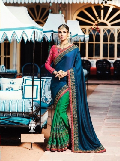 Green blue pink crepe silk wedding saree 7903