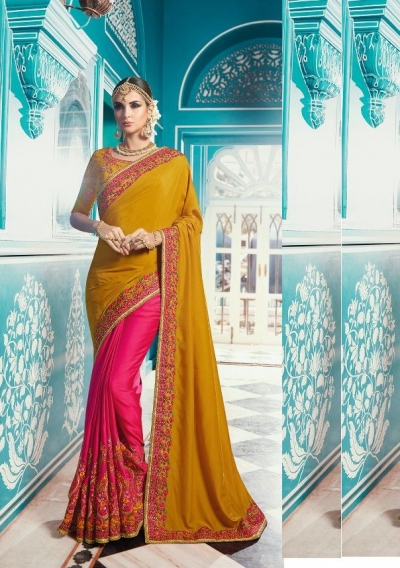 Mustard pink color crepe silk wedding saree 7904