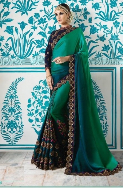 Teal green blue crepe silk wedding saree 7905