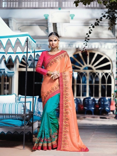 Peach blue pink crepe silk wedding saree 7906