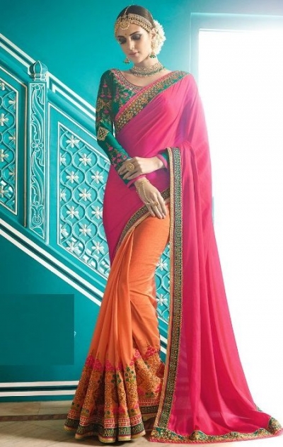 Pink teal green crepe silk wedding saree 7908