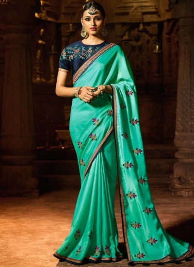 Turquoise fancy fabric embroidered work designer saree 74106