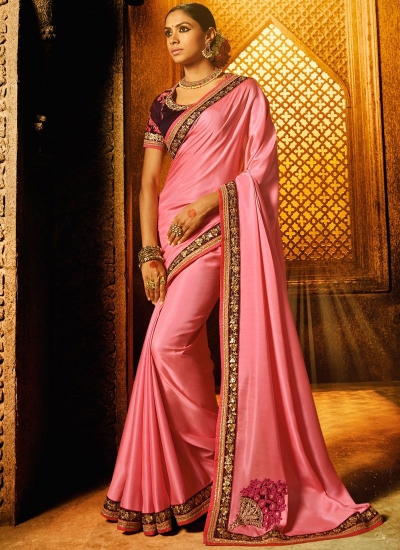 Pink satin silk classic designer saree 74116