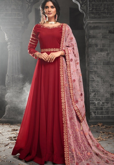 Red color georgette party wear anarkali kameez