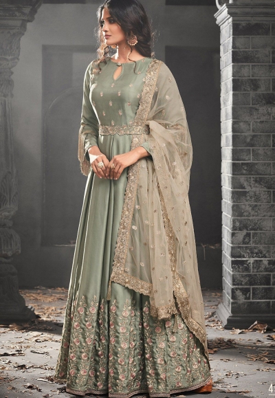 Grey color Mudal Silk party wear anarkali kameez