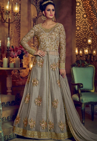 Dusty grey net and banglori silk party wear Lehenga kameez
