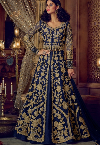 Navy blue color banglori silk party wear Lehenga kameez