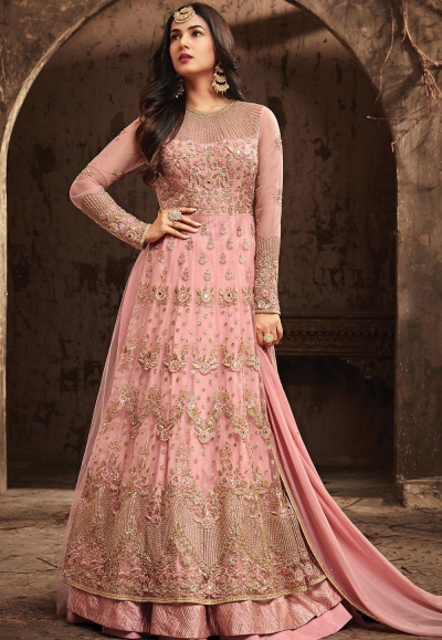 Sonal Chauhan Pink Net party wear anarkali kameez