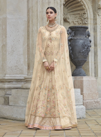 Cream color net party wear anarkali