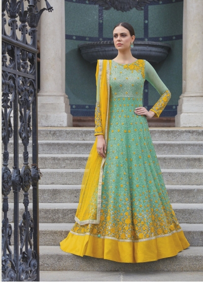 Sea Green and Yellow color net party wear anarkali
