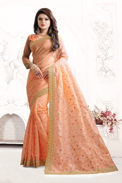Indian Wedding Art Silk Peach Colour Saree 1553