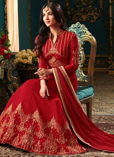 Sonal Chauhan Red Georgette party wear anarkali kameez