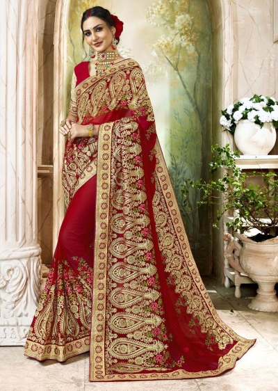 Red Faux Georgette Traditional Embroidered Saree 7502