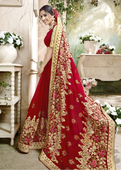 Red Faux Georgette Traditional Embroidered Saree 7503