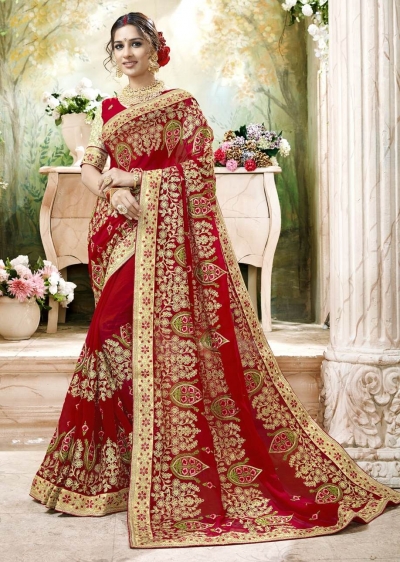 Red Faux Georgette Traditional Embroidered Saree 7504