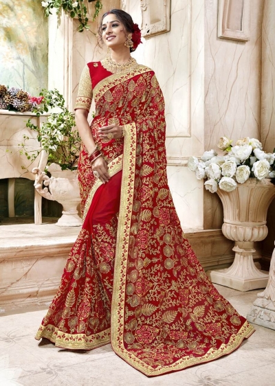 Red Faux Georgette Traditional Embroidered Saree 7507