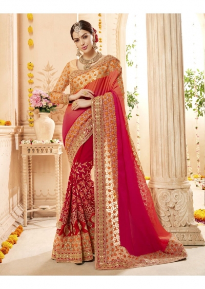Red Georgette Satin Net Embroidered Bridal Saree 1109