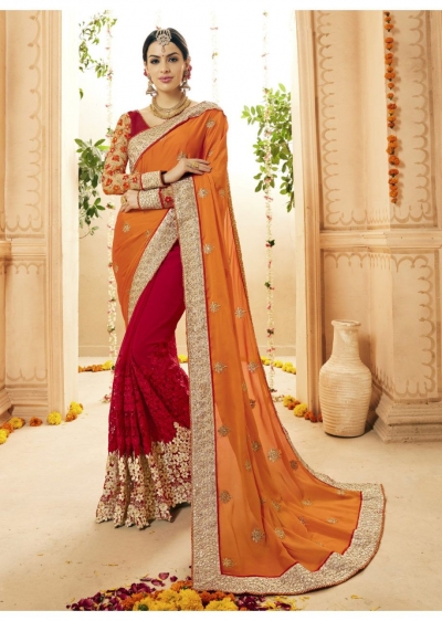 Red Satin Georgette Net Embroidered Bridal Saree 1111