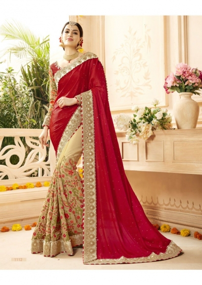 Beige Georgette Art Silk Embroidered Bridal Saree 1112