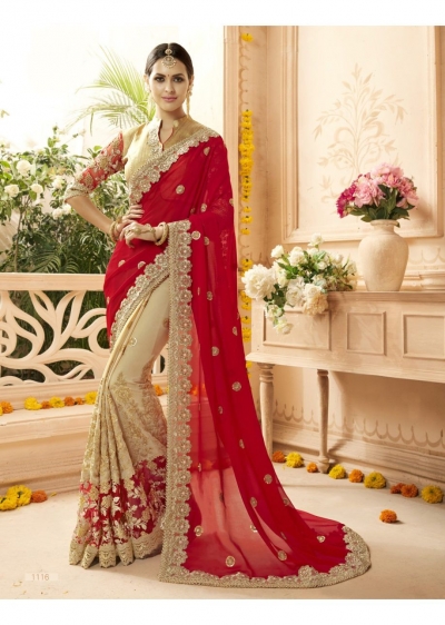 Beige Georgette Net Embroidered Bridal Saree 1116