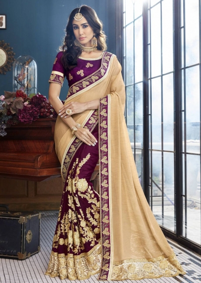 Purple Faux Georgette Embroidered Saree 5002