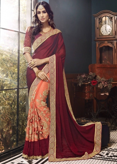 Orange Faux Georgette Embroidered Saree 5003