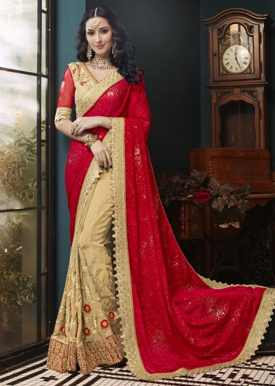 Beige Faux Georgette Embroidered Saree 5004