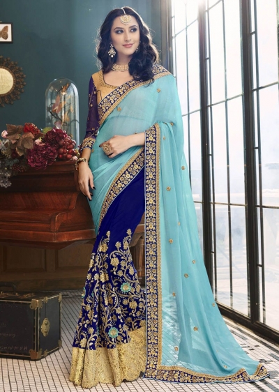 Blue Faux Georgette Embroidered Saree 5005