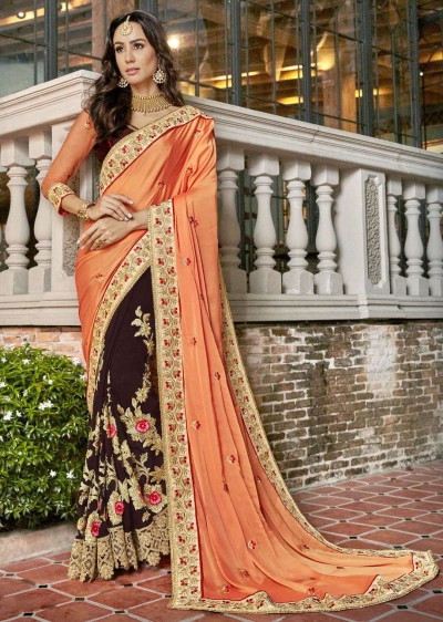 Brown Faux Georgette Embroidered Indian Wedding Saree 5007