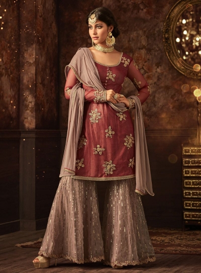 WIne and  grey color net wedding wear Sharara Style suit