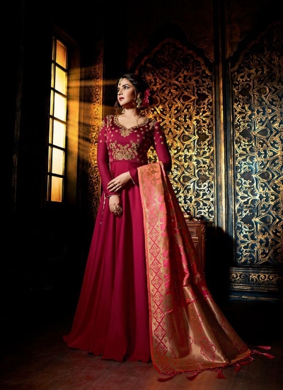 Wine color satin georgette wedding wear anarkali suit