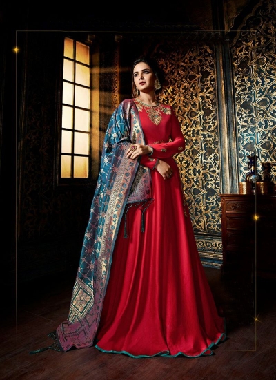 Red color satin georgette wedding wear anarkali suit