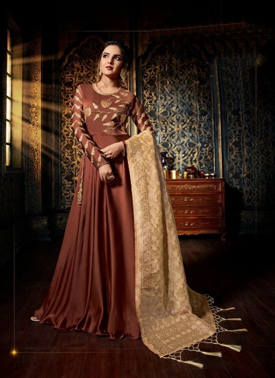 Brown color satin georgette wedding wear anarkali suit