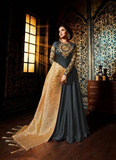 Grey color satin georgette wedding wear anarkali suit