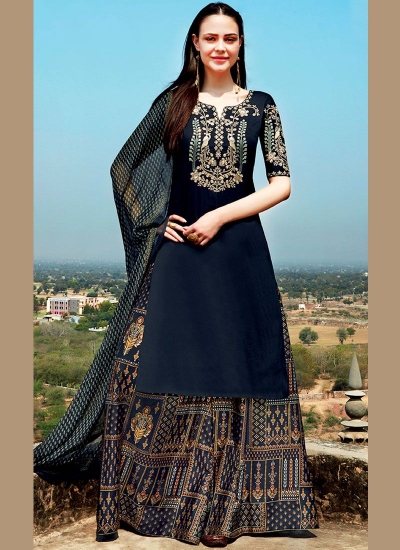 Navy blue color cotton Palazzo salwar kameez